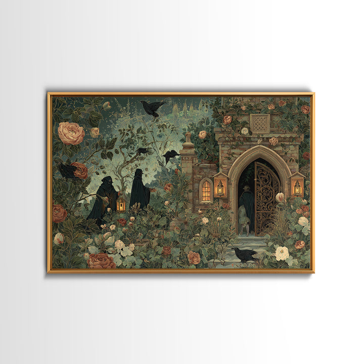 The Black Rose Cemetery Gate - Procession Scene, Macabre Halloween Art, Landscape Wall Art, Framed Canvas Print, Halloween Home Decor