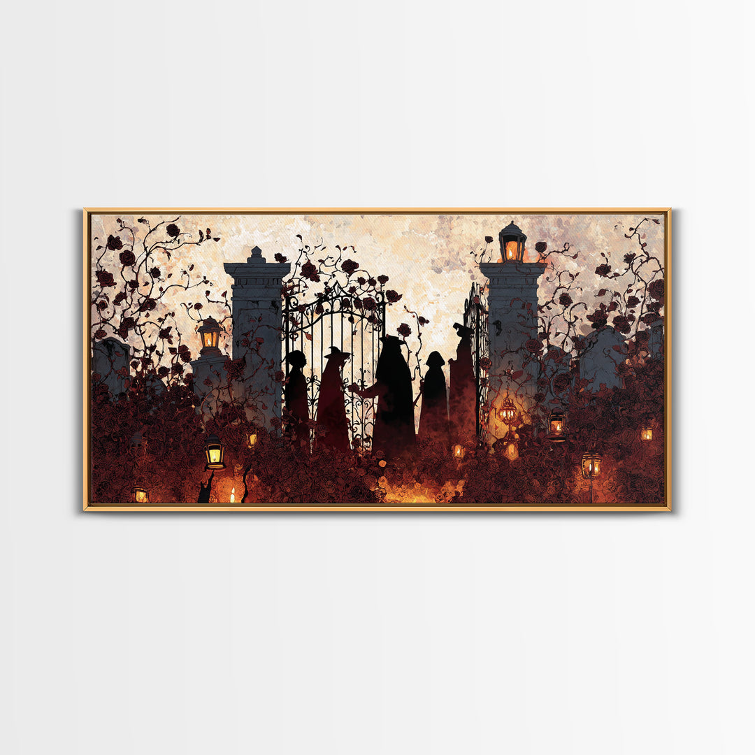 The Black Rose Cemetery Gate - Procession Scene, Spooky Wall Decor, Wide Panoramic Art, Framed Canvas Print, Halloween Home Decor