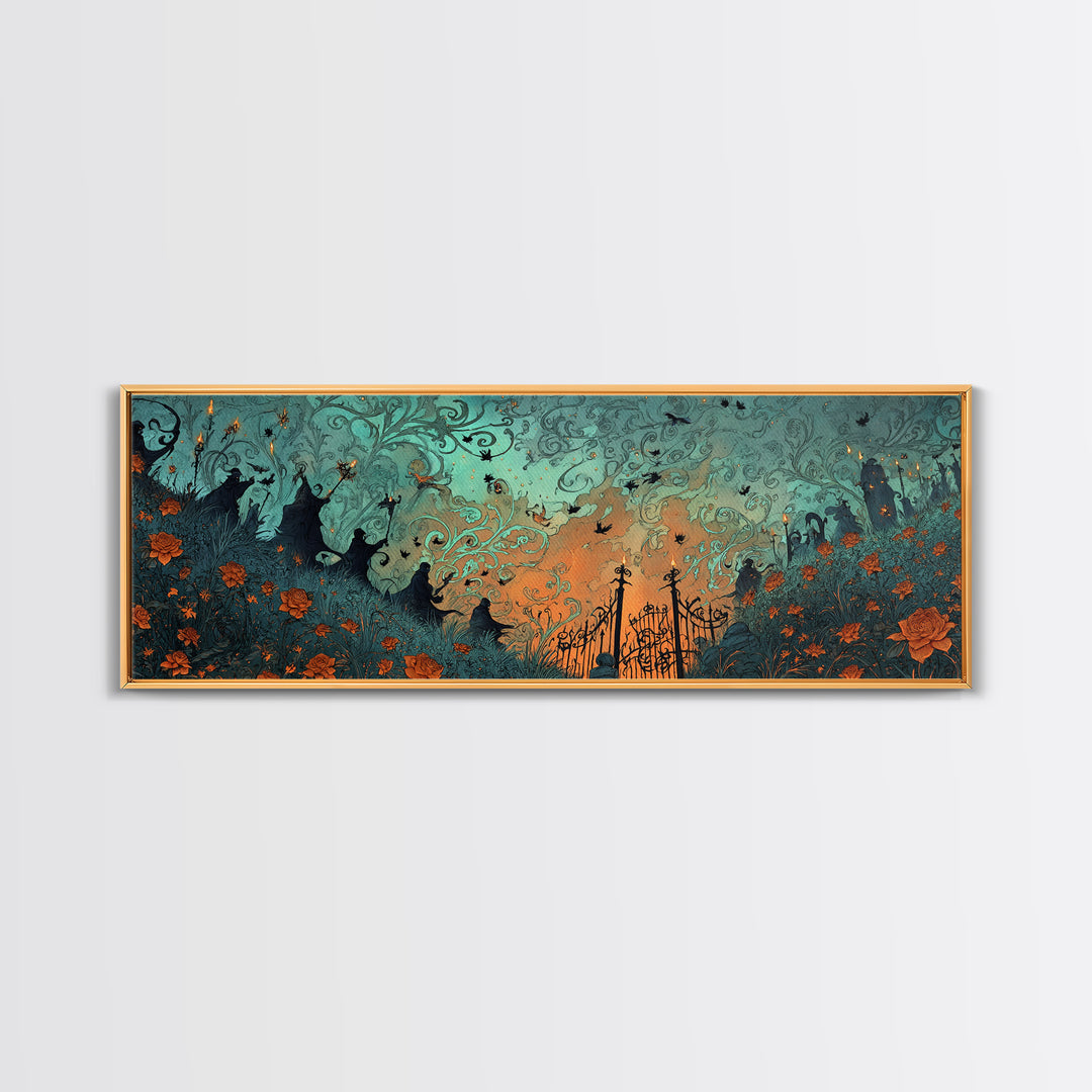 The Black Rose Cemetery Gate - Procession Scene, Dark Fantasy Wall Art, Extra Wide Wall Art, Canvas Print, Halloween Home Decor