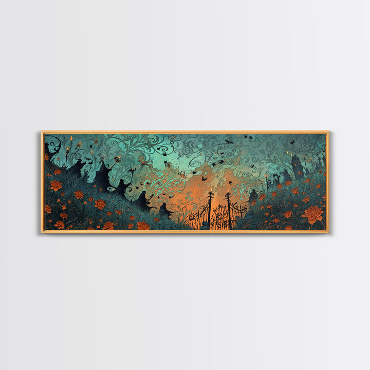 The Black Rose Cemetery Gate - Procession Scene, Dark Fantasy Wall Art, Extra Wide Wall Art, Canvas Print, Halloween Home Decor