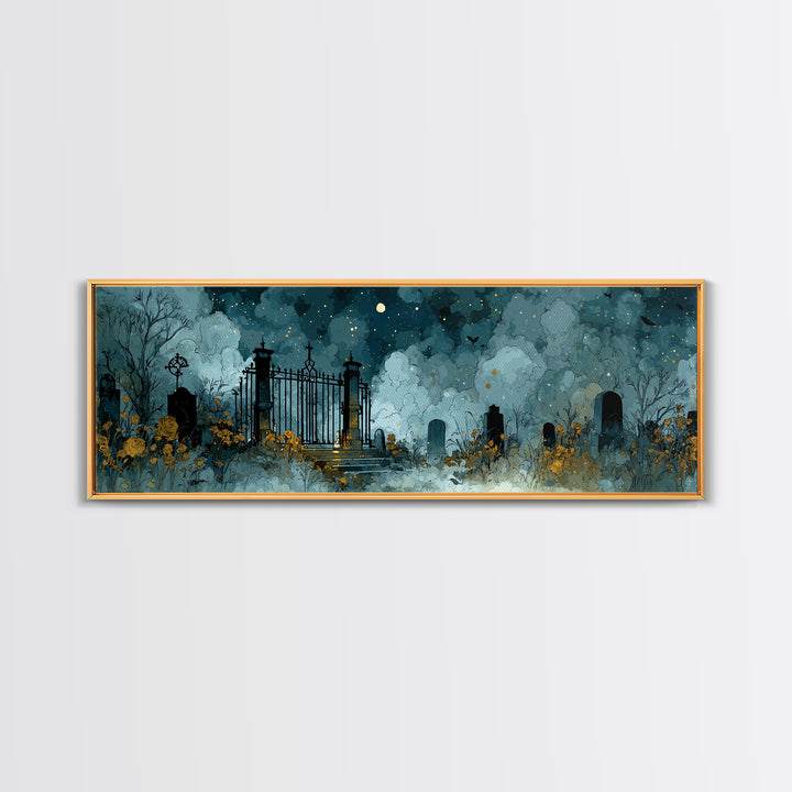 The Black Rose Cemetery Gate - Surreal Celestial Vision, Halloween Wall Art, Extra Wide Wall Art, Framed Canvas Print, Halloween Home Decor