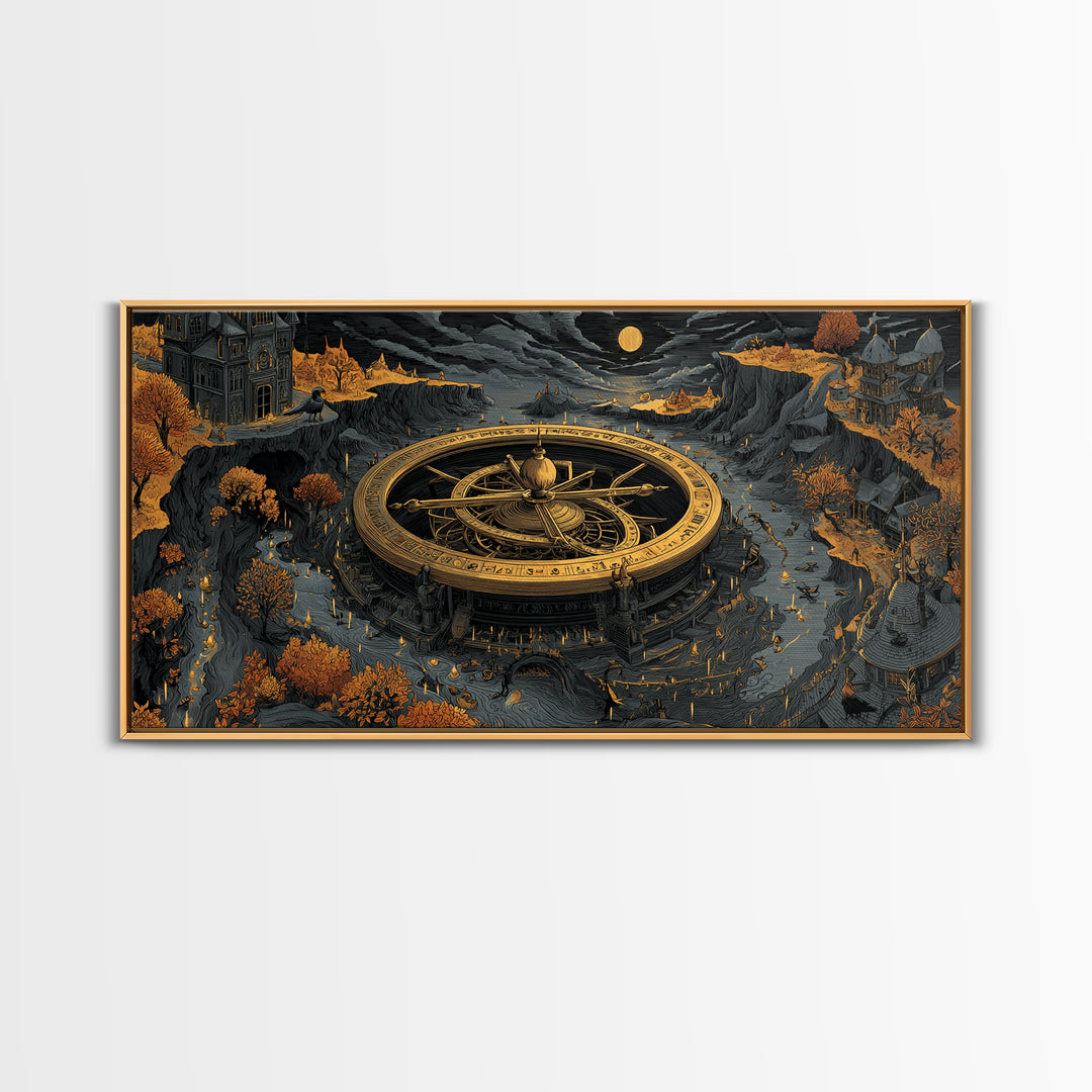 The Cursed Astrolabe - Environmental Panorama, Spooky Wall Decor, Wide Panoramic Art, Framed Canvas Print, Halloween Home Decor