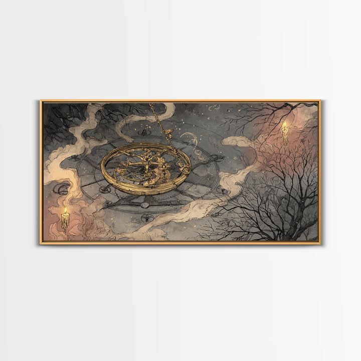 The Cursed Astrolabe - Surreal Celestial Vision, Halloween Wall Art, Wide Panoramic Art, Framed Canvas Print, Halloween Home Decor