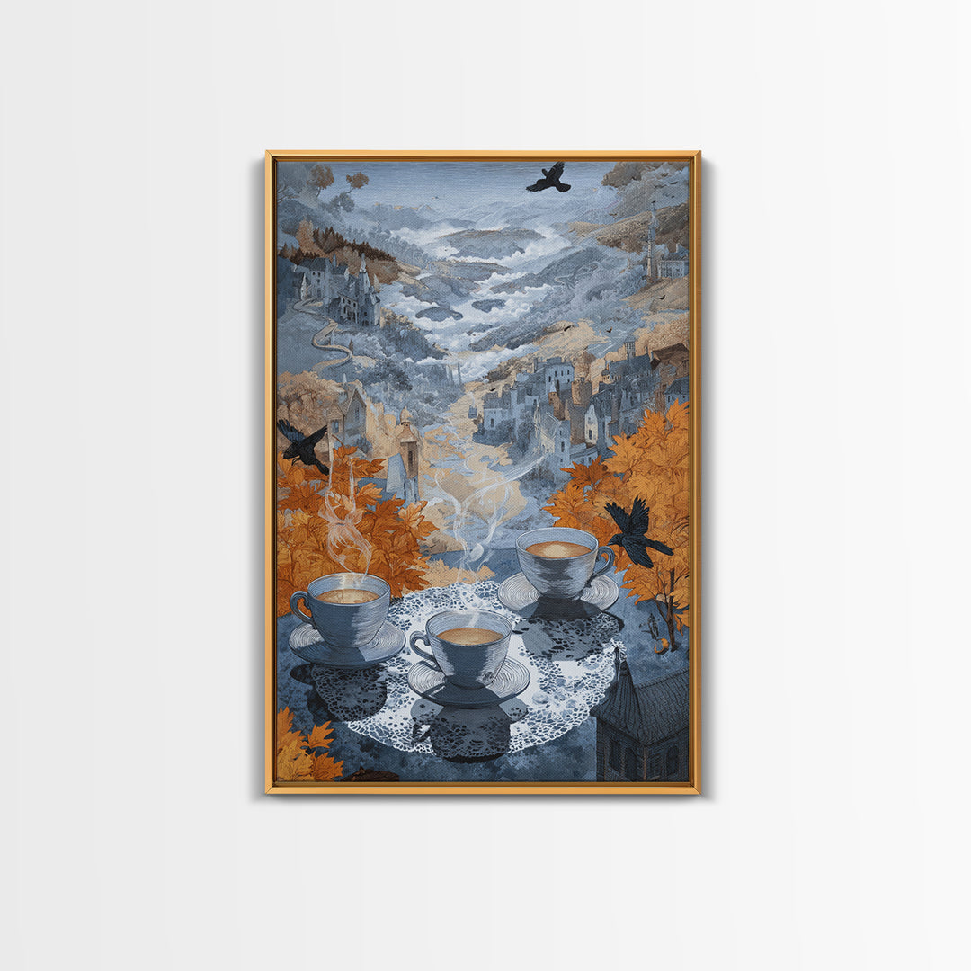 The Haunted Teacup Seance - Environmental Panorama, Spooky Wall Decor, Vertical Wall Art, Framed Canvas Print, Halloween Home Decor