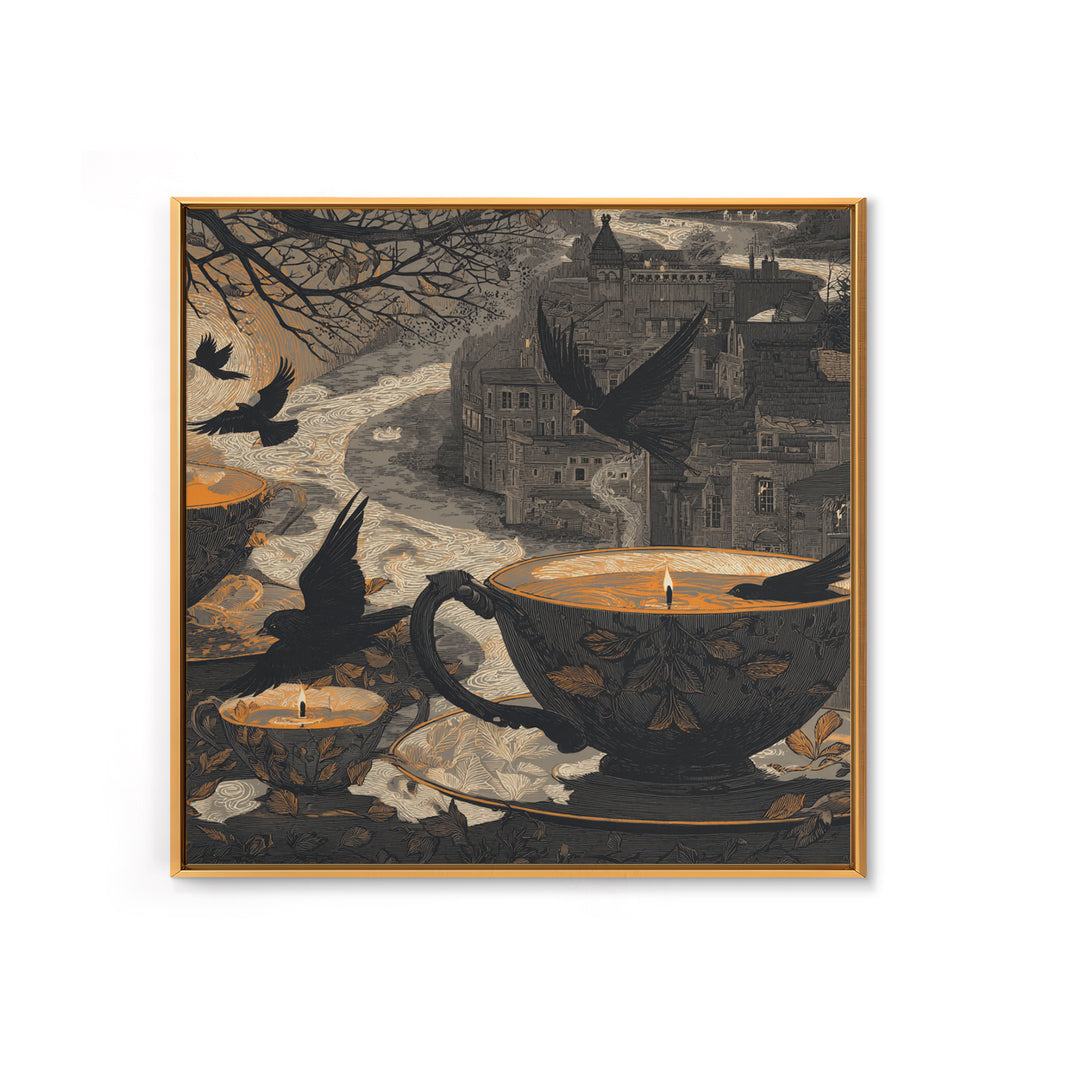 The Haunted Teacup Seance - Environmental Panorama, Dark Fantasy Wall Art, Square Wall Art, Canvas Print, Halloween Home Decor