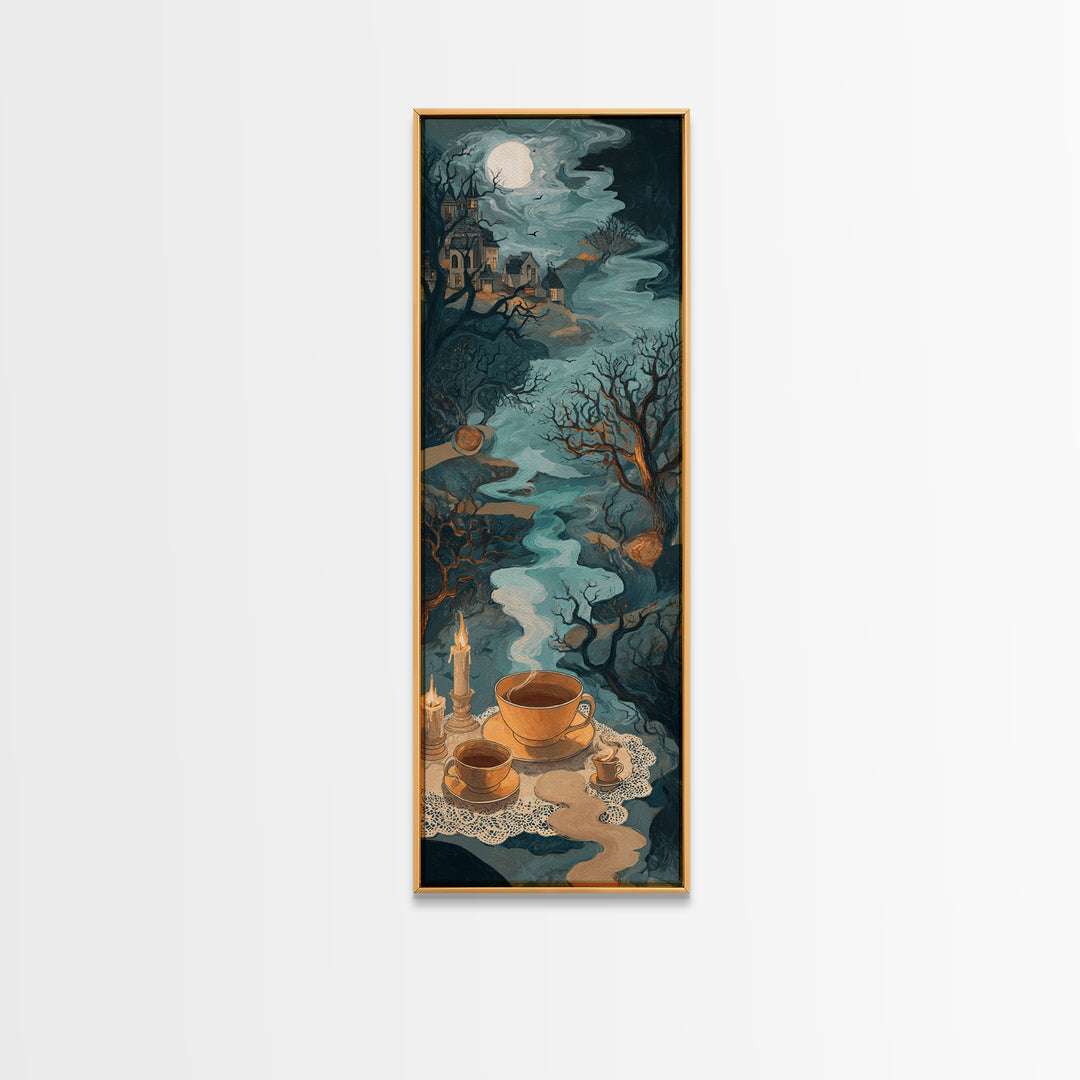 The Haunted Teacup Seance - Environmental Panorama, Spooky Wall Decor, Tall Narrow Wall Art, Framed Canvas Print, Halloween Home Decor