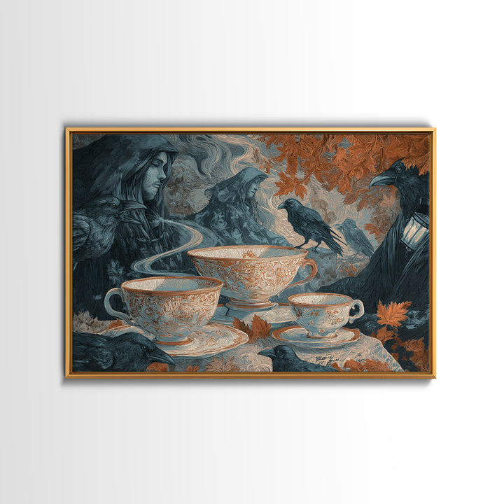 The Haunted Teacup Seance - Procession Scene, Macabre Halloween Art, Landscape Wall Art, Framed Canvas Print, Halloween Home Decor