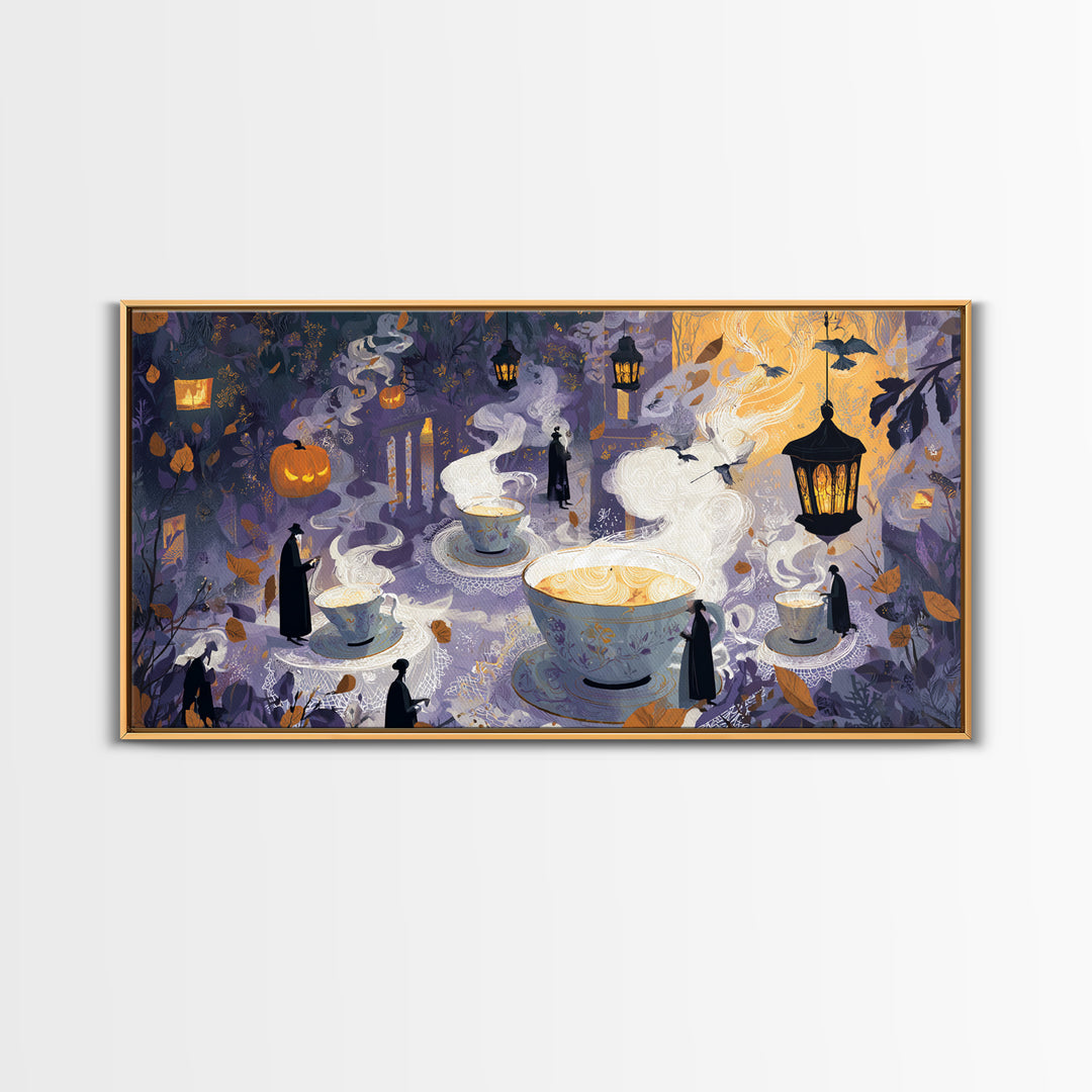 The Haunted Teacup Seance - Procession Scene, Dark Fantasy Wall Art, Wide Panoramic Art, Canvas Print, Halloween Home Decor, Gothic Wall Art