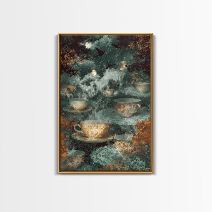 The Haunted Teacup Seance - Surreal Celestial Vision, Gothic Home Decor, Vertical Wall Art, Canvas Print, Halloween Home Decor