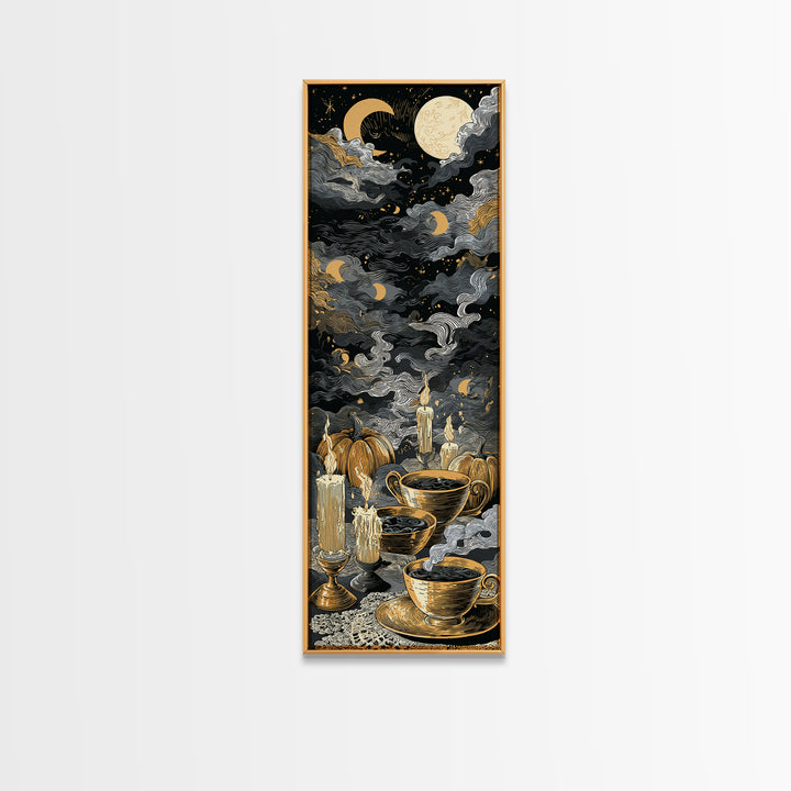 The Haunted Teacup Seance - Surreal Celestial Vision, Macabre Halloween Art, Tall Narrow Wall Art, Framed Canvas Print, Halloween Home Decor