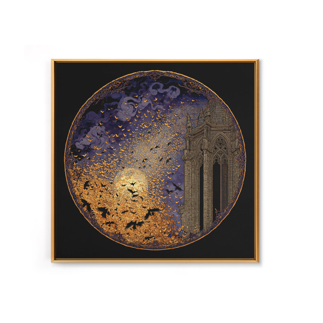 The Golden Bat Swarm - Icon Portrait, Gothic Home Decor, Square Wall Art, Canvas Print, Halloween Home Decor, Gothic Wall Art