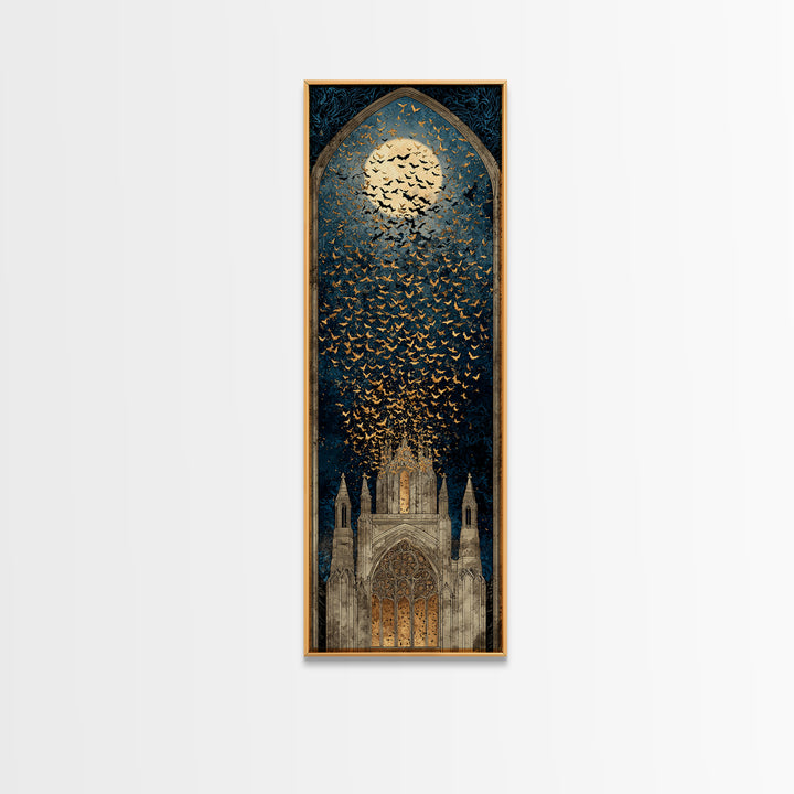 The Golden Bat Swarm - Icon Portrait, Macabre Halloween Art, Tall Narrow Wall Art, Framed Canvas Print, Halloween Home Decor