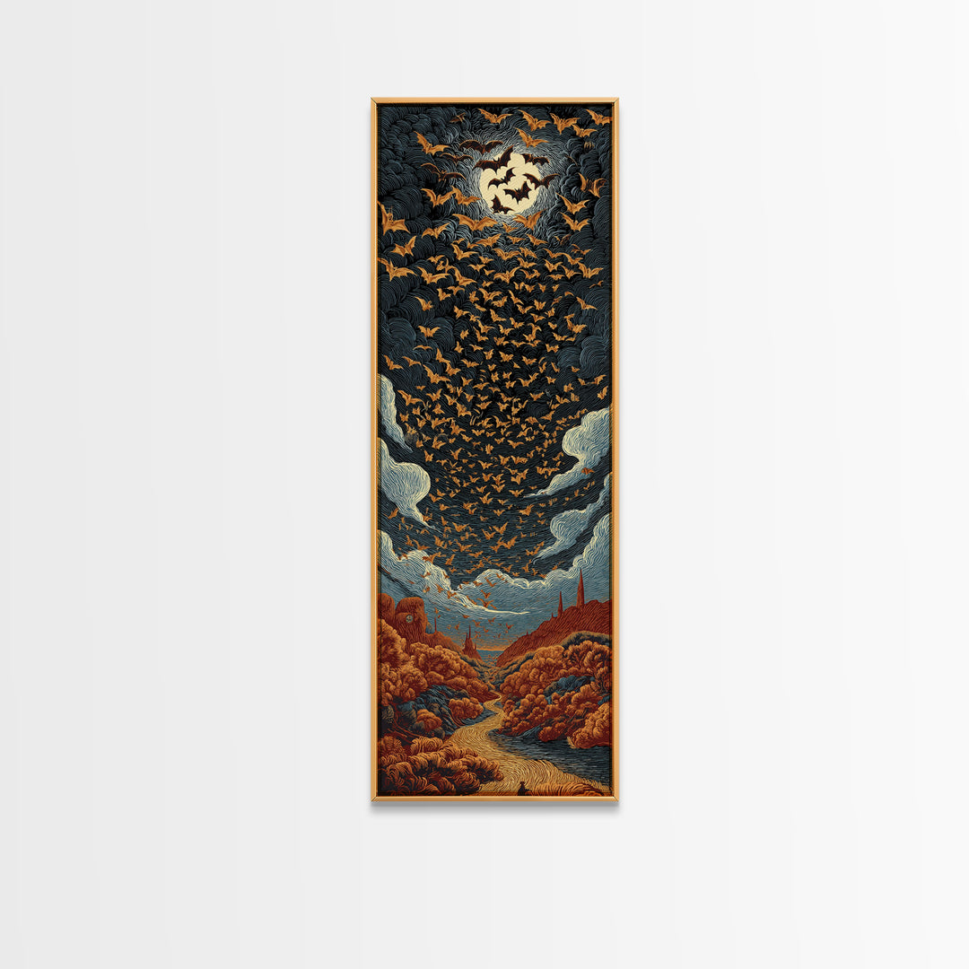 The Golden Bat Swarm - Environmental Panorama, Halloween Wall Art, Tall Narrow Wall Art, Framed Canvas Print, Halloween Home Decor