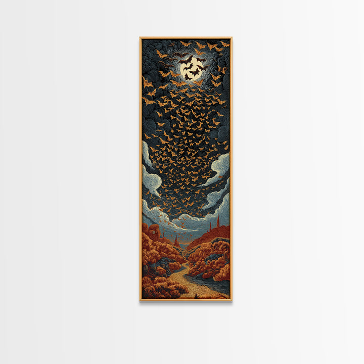 The Golden Bat Swarm - Environmental Panorama, Halloween Wall Art, Tall Narrow Wall Art, Framed Canvas Print, Halloween Home Decor