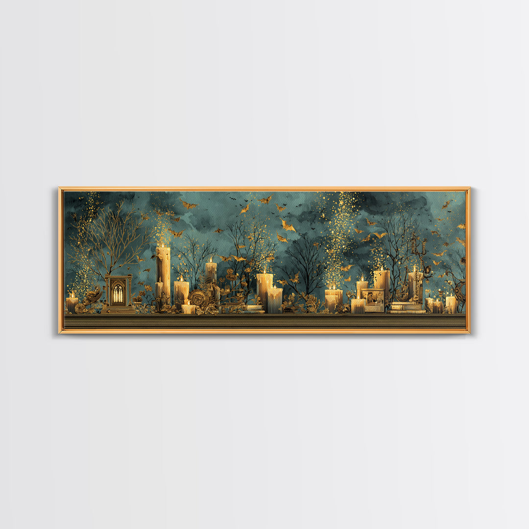 The Golden Bat Swarm - Occult Still Life, Macabre Halloween Art, Extra Wide Wall Art, Framed Canvas Print, Halloween Home Decor