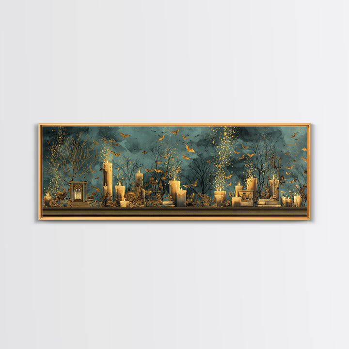 The Golden Bat Swarm - Occult Still Life, Macabre Halloween Art, Extra Wide Wall Art, Framed Canvas Print, Halloween Home Decor