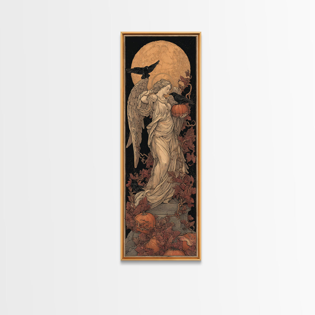 The Pumpkin-Winged Angel - Icon Portrait, Spooky Wall Decor, Tall Narrow Wall Art, Framed Canvas Print, Halloween Home Decor