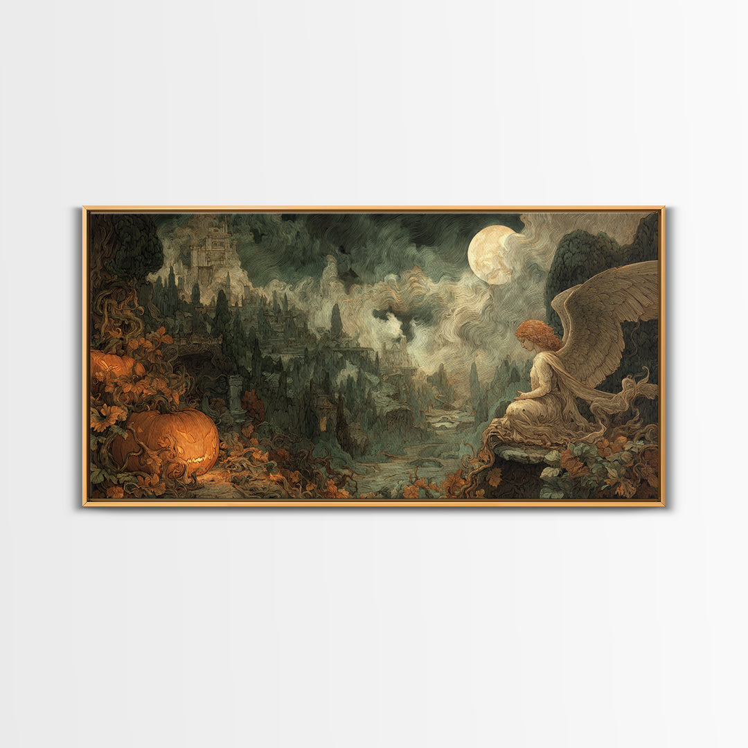 The Pumpkin-Winged Angel - Environmental Panorama, Dark Fantasy Wall Art, Wide Panoramic Art, Canvas Print, Halloween Home Decor