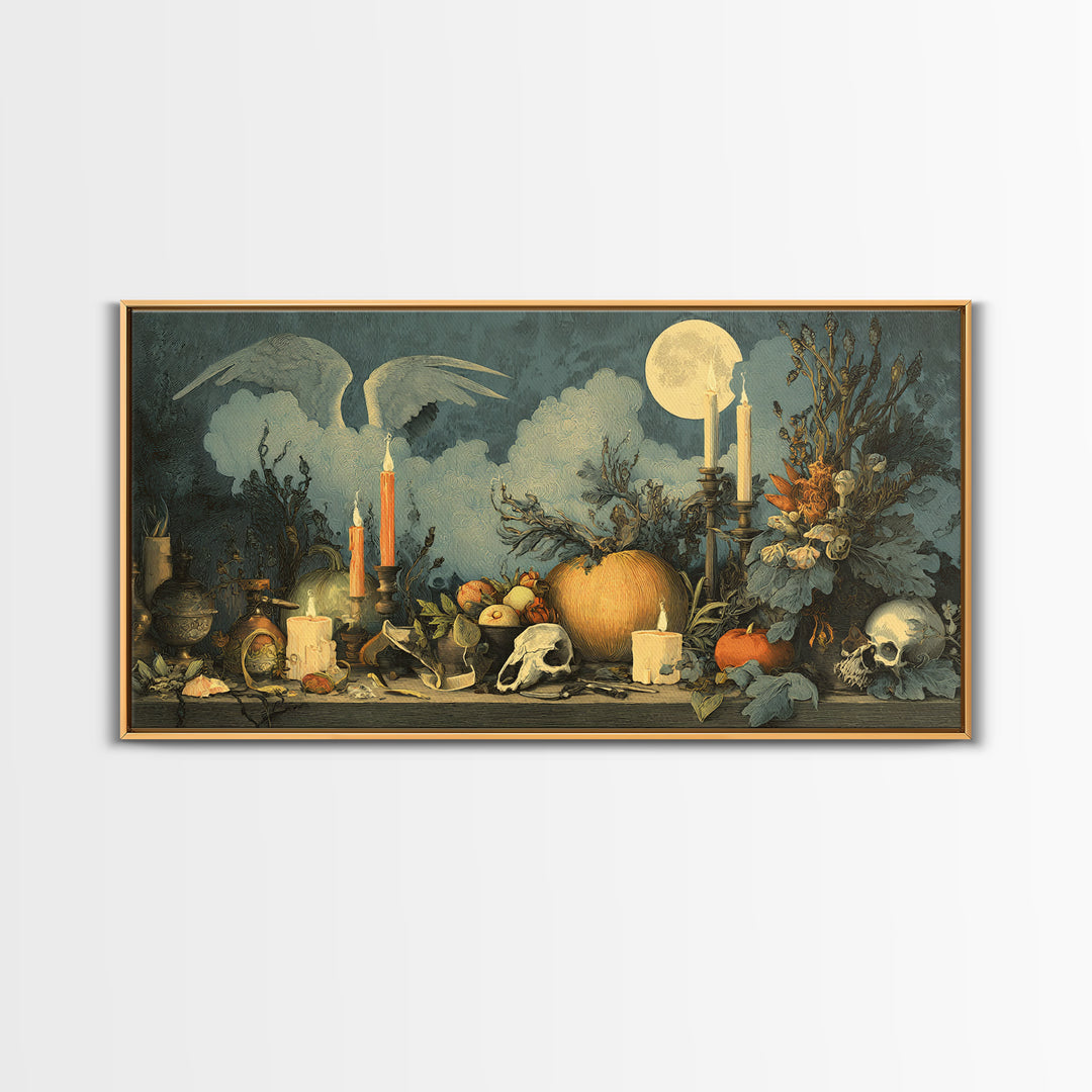The Pumpkin-Winged Angel - Occult Still Life, Spooky Wall Decor, Wide Panoramic Art, Framed Canvas Print, Halloween Home Decor