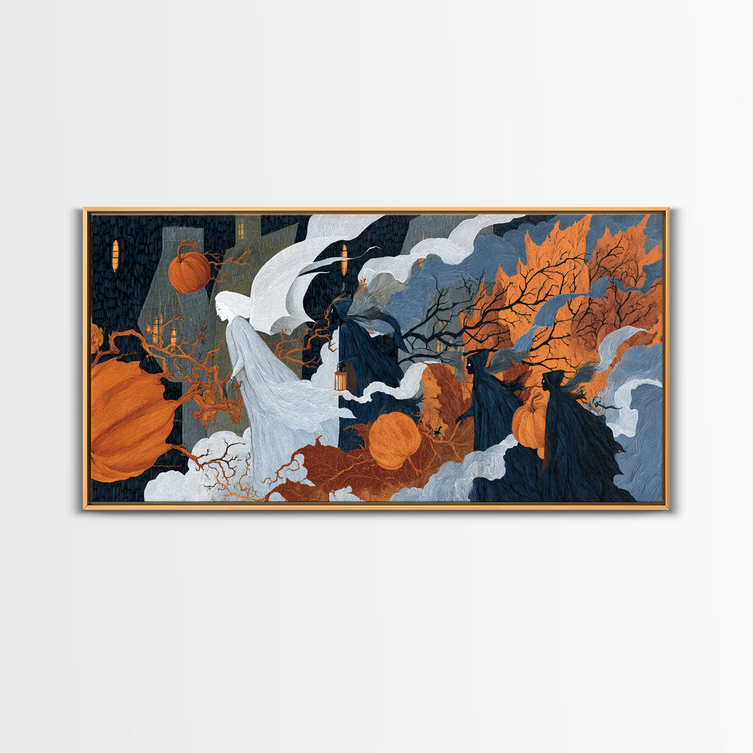 The Pumpkin-Winged Angel - Procession Scene, Macabre Halloween Art, Wide Panoramic Art, Framed Canvas Print, Halloween Home Decor
