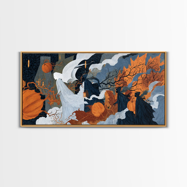 The Pumpkin-Winged Angel - Procession Scene, Macabre Halloween Art, Wide Panoramic Art, Framed Canvas Print, Halloween Home Decor