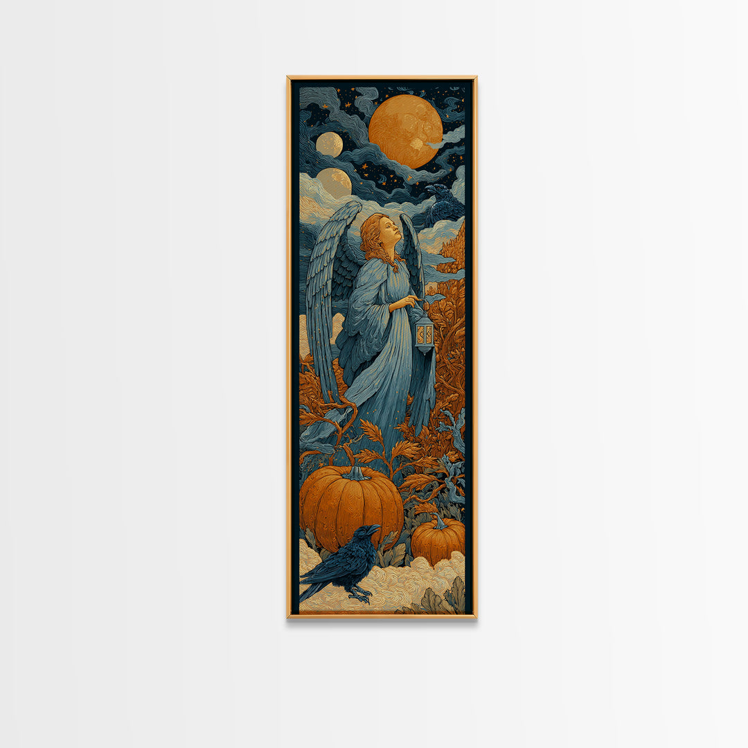 The Pumpkin-Winged Angel - Surreal Celestial Vision, Spooky Wall Decor, Tall Narrow Wall Art, Framed Canvas Print, Halloween Home Decor