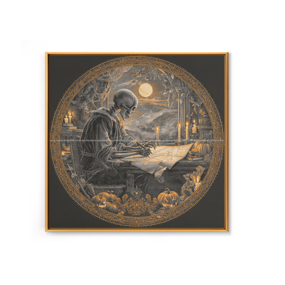 The Skeleton Cartographer - Icon Portrait, Macabre Halloween Art, Square Wall Art, Framed Canvas Print, Halloween Home Decor