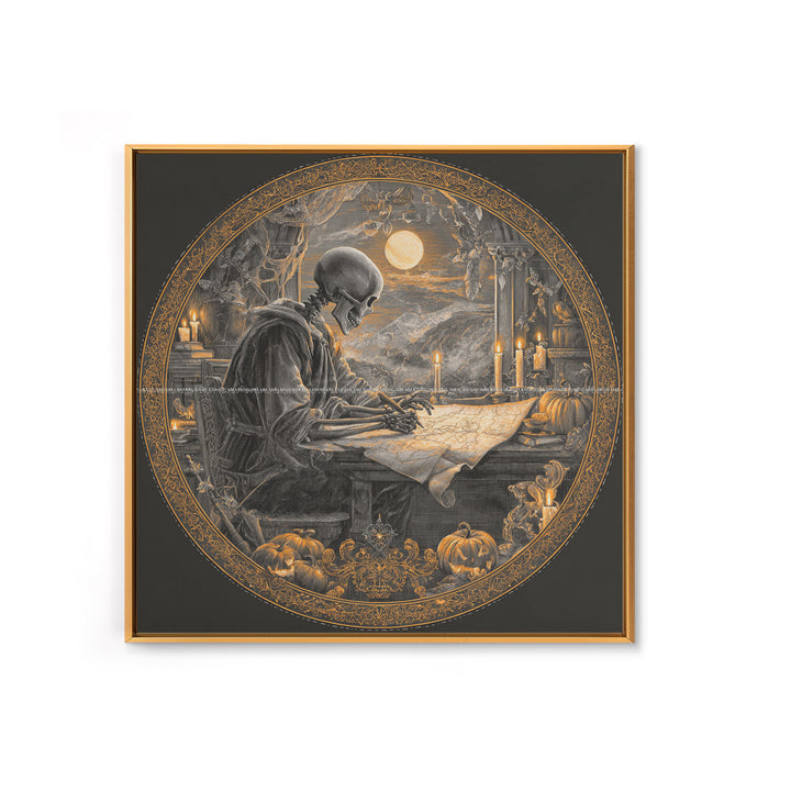 The Skeleton Cartographer - Icon Portrait, Macabre Halloween Art, Square Wall Art, Framed Canvas Print, Halloween Home Decor