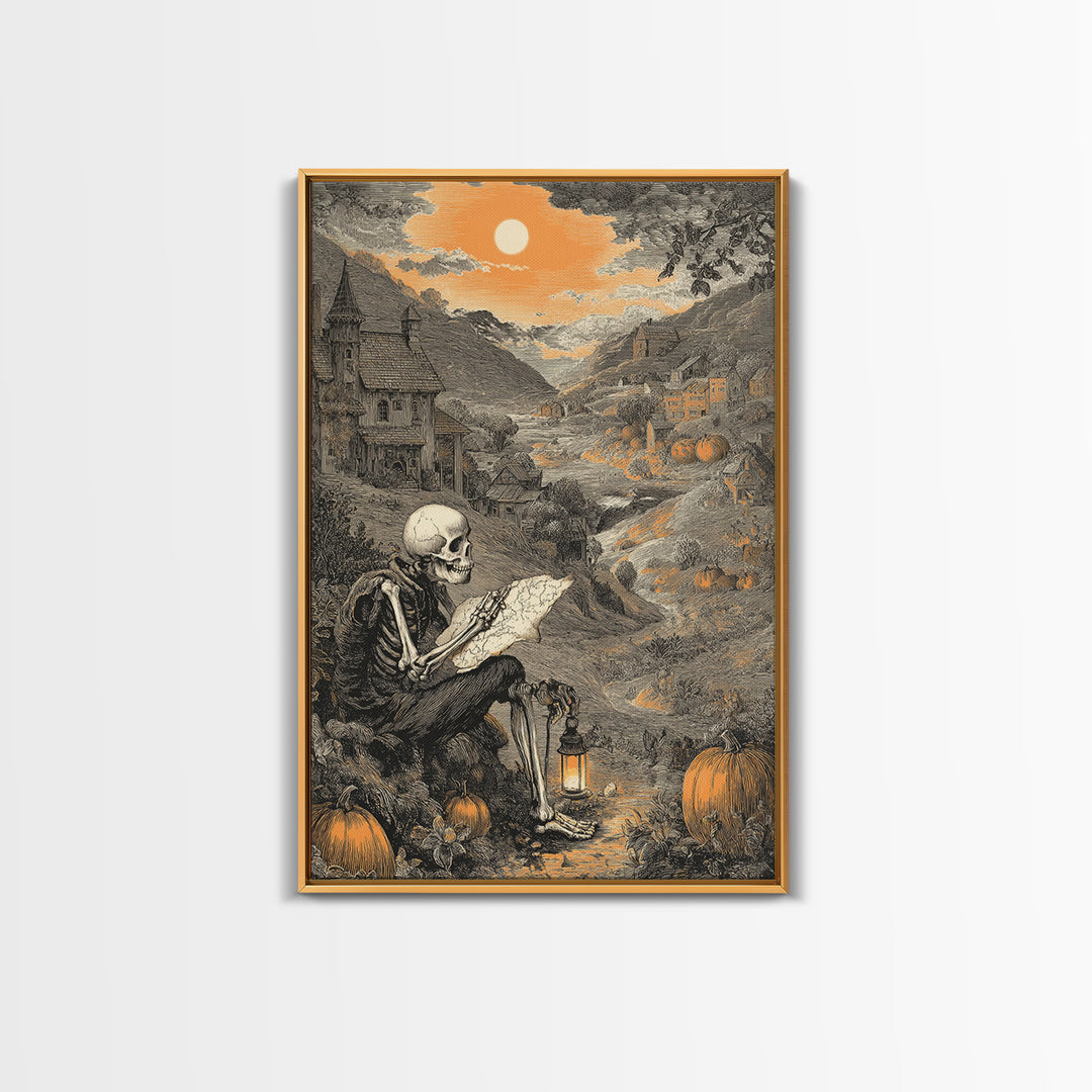 The Skeleton Cartographer - Environmental Panorama, Gothic Home Decor, Vertical Wall Art, Canvas Print, Halloween Home Decor