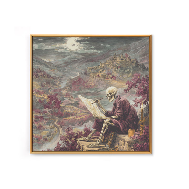 The Skeleton Cartographer - Environmental Panorama, Halloween Wall Art, Square Wall Art, Framed Canvas Print, Halloween Home Decor