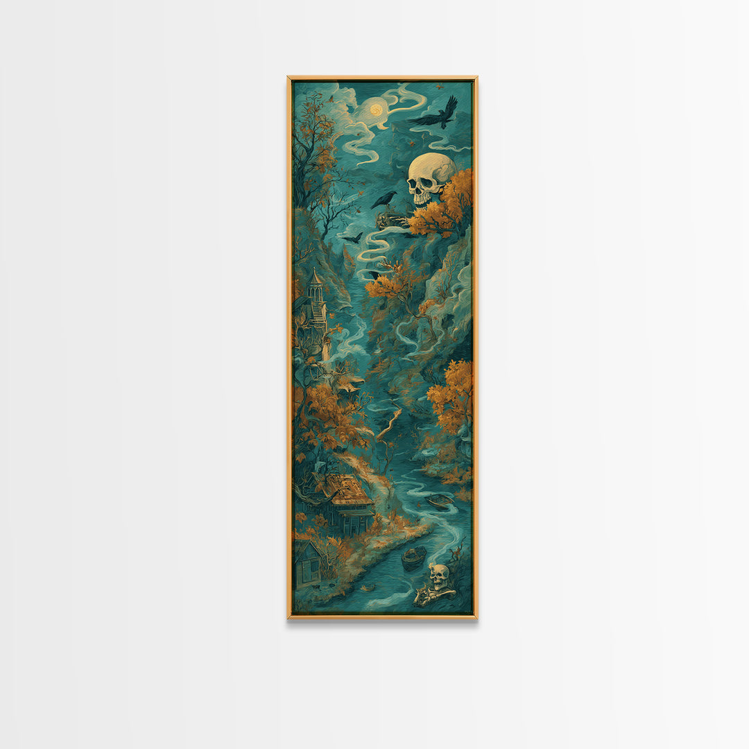 The Skeleton Cartographer - Environmental Panorama, Dark Fantasy Wall Art, Tall Narrow Wall Art, Canvas Print, Halloween Home Decor