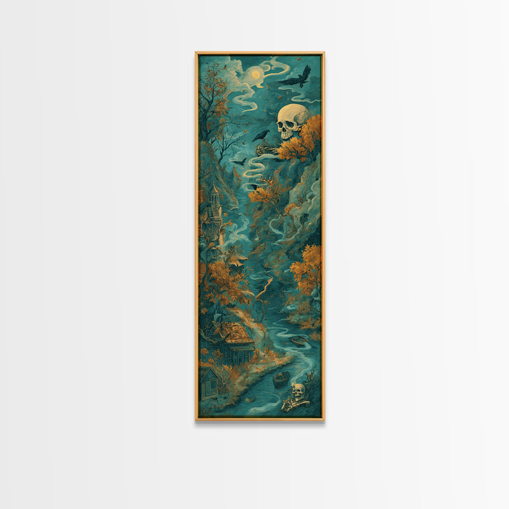 The Skeleton Cartographer - Environmental Panorama, Dark Fantasy Wall Art, Tall Narrow Wall Art, Canvas Print, Halloween Home Decor