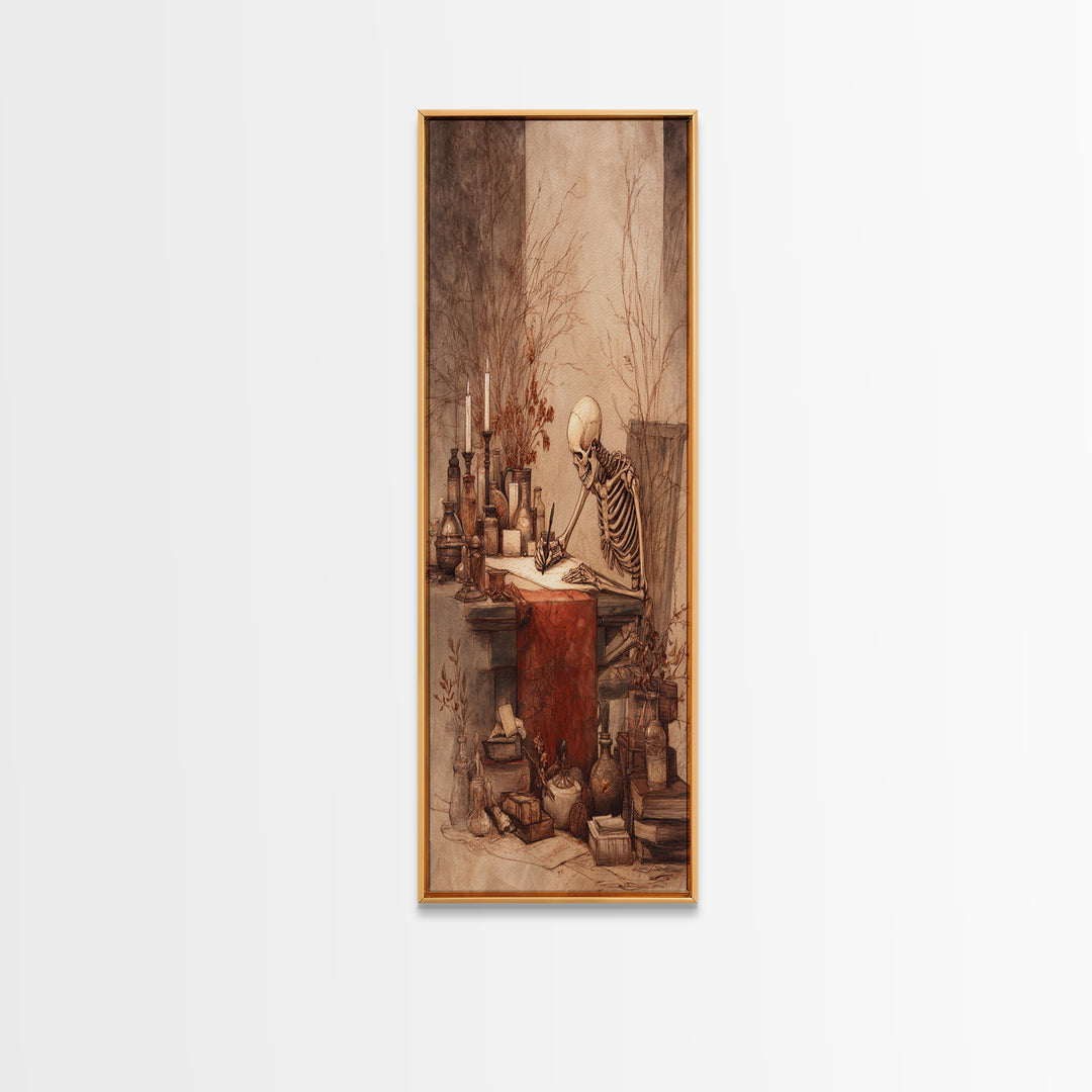 The Skeleton Cartographer - Occult Still Life, Macabre Halloween Art, Vertical Wall Art, Framed Canvas Print, Halloween Home Decor