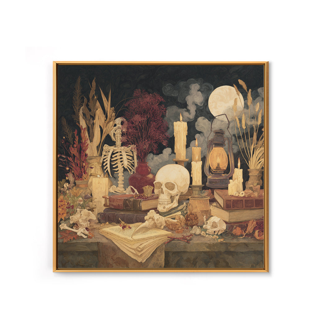 The Skeleton Cartographer - Occult Still Life, Macabre Halloween Art, Square Wall Art, Framed Canvas Print, Halloween Home Decor