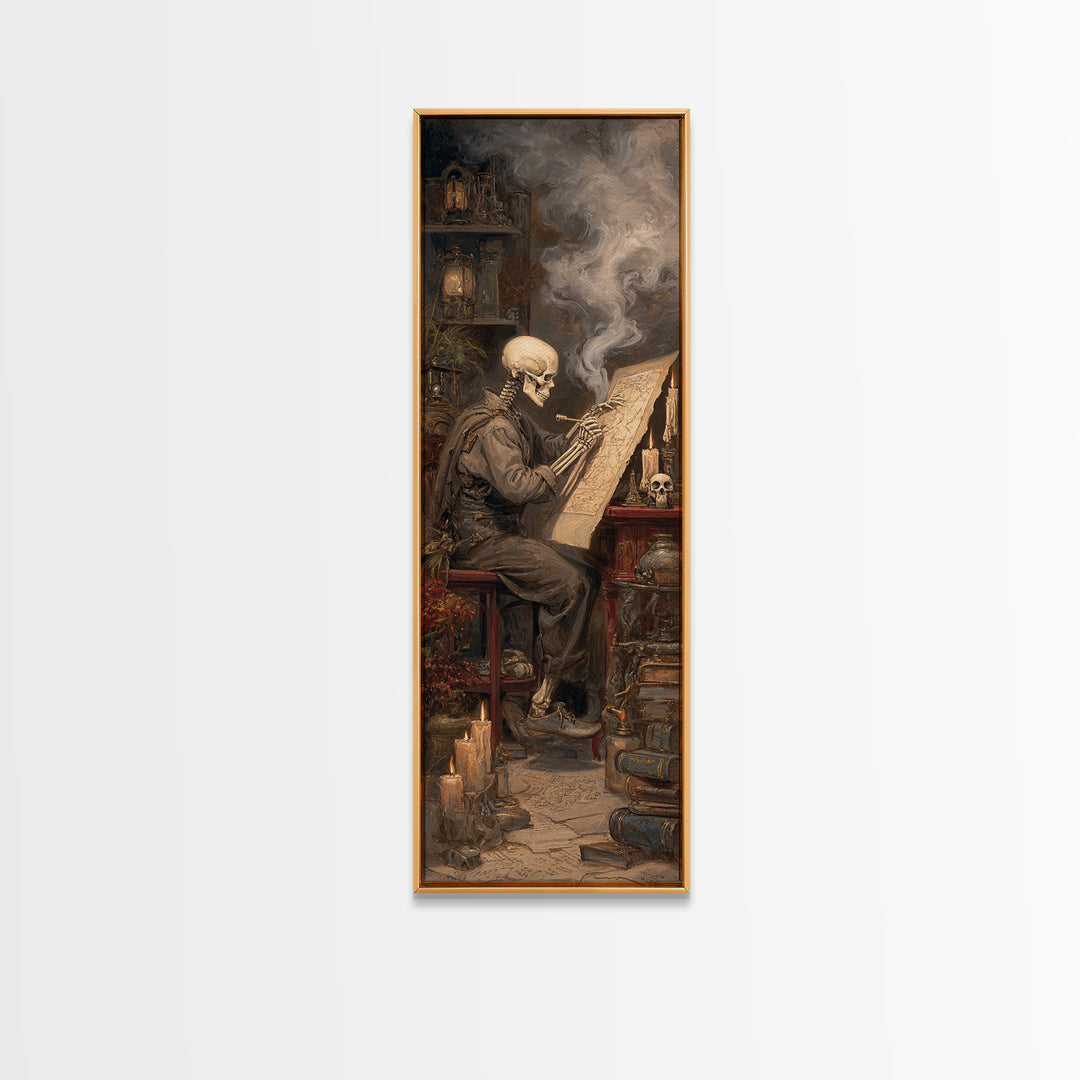 The Skeleton Cartographer - Occult Still Life, Halloween Wall Art, Tall Narrow Wall Art, Framed Canvas Print, Halloween Home Decor