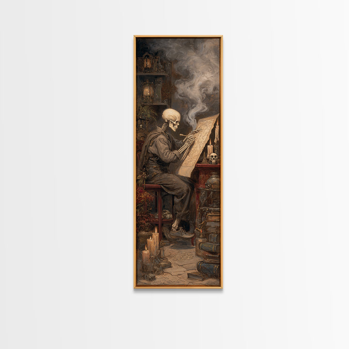 The Skeleton Cartographer - Occult Still Life, Halloween Wall Art, Tall Narrow Wall Art, Framed Canvas Print, Halloween Home Decor