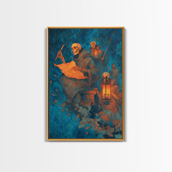 The Skeleton Cartographer - Procession Scene, Dark Fantasy Wall Art, Vertical Wall Art, Canvas Print, Halloween Home Decor, Gothic Wall Art