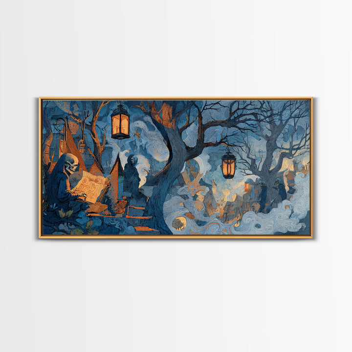 The Skeleton Cartographer - Procession Scene, Macabre Halloween Art, Wide Panoramic Art, Framed Canvas Print, Halloween Home Decor