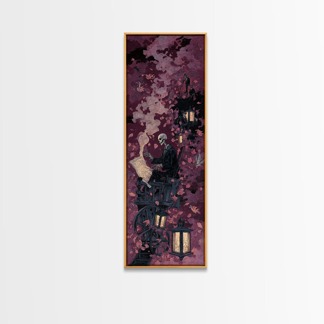 The Skeleton Cartographer - Procession Scene, Macabre Halloween Art, Tall Narrow Wall Art, Framed Canvas Print, Halloween Home Decor