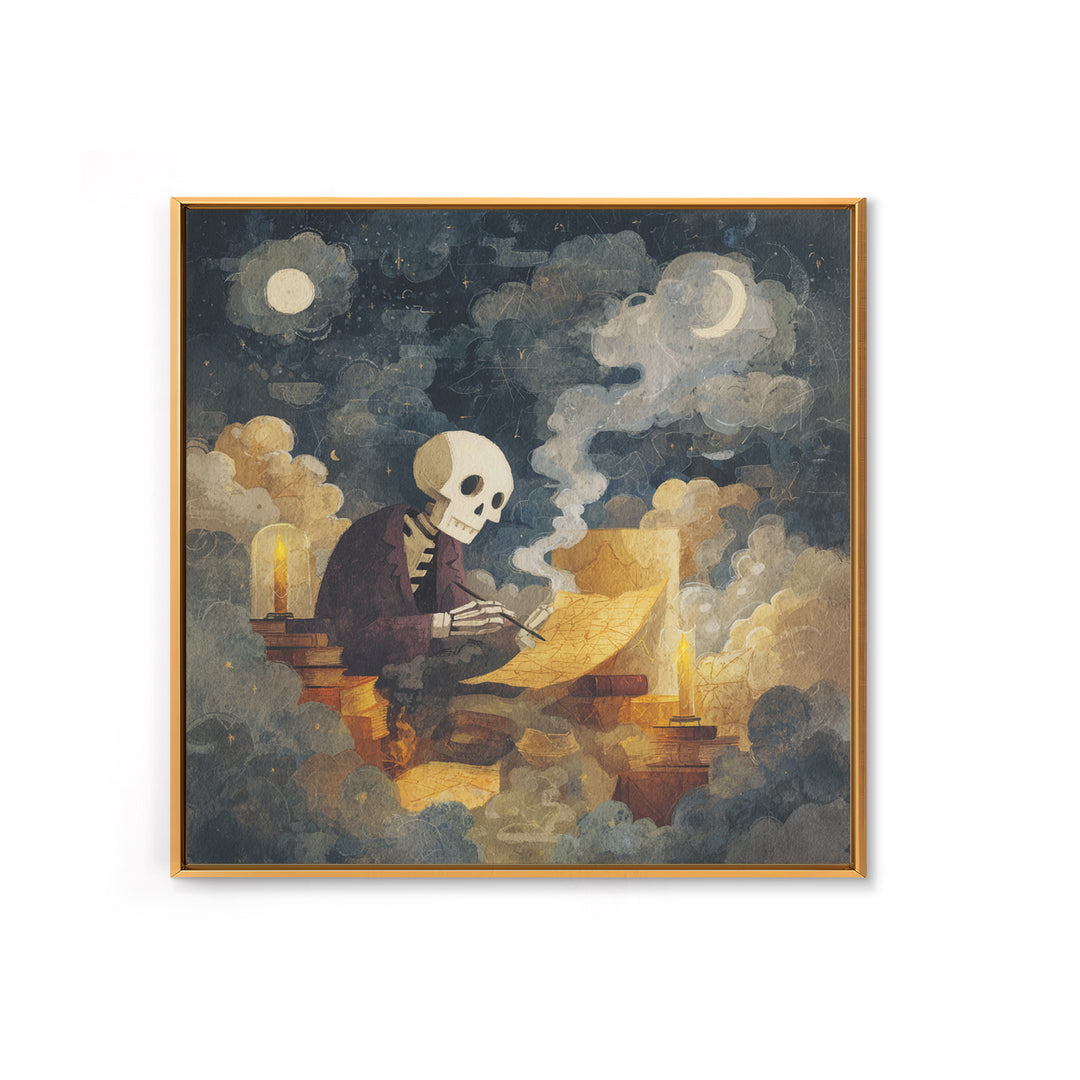 The Skeleton Cartographer - Surreal Celestial Vision, Macabre Halloween Art, Square Wall Art, Framed Canvas Print, Halloween Home Decor