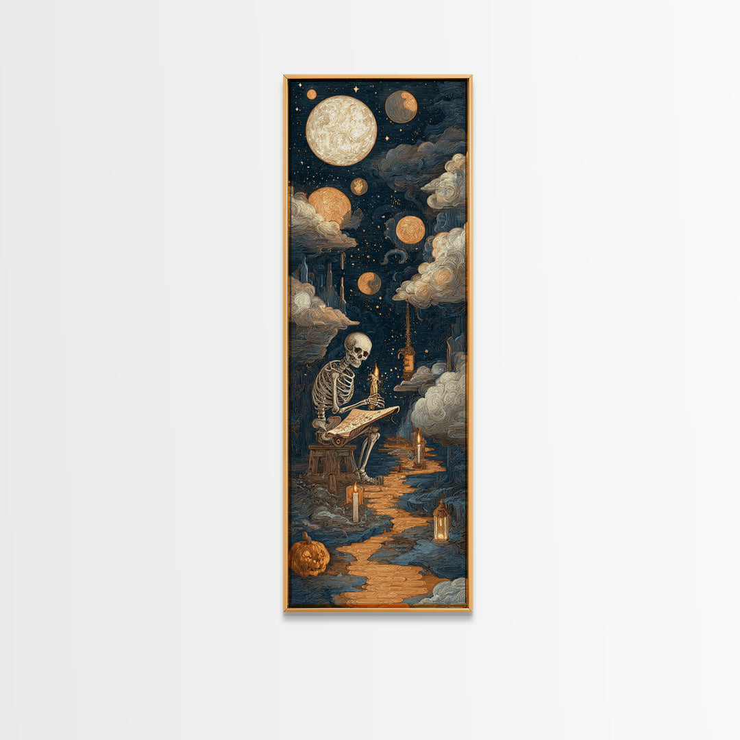 The Skeleton Cartographer - Surreal Celestial Vision, Halloween Wall Art, Tall Narrow Wall Art, Framed Canvas Print, Halloween Home Decor