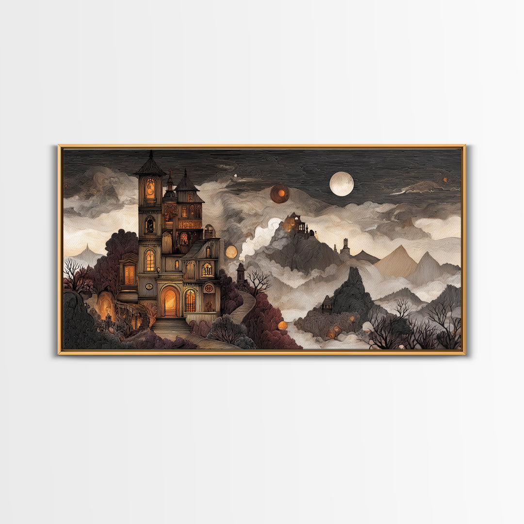 The Witch Astronomical Cabinet - Environmental Panorama, Halloween Wall Art, Wide Panoramic Art, Framed Canvas Print, Halloween Home Decor