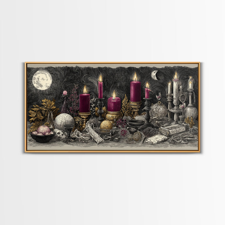 The Witch Astronomical Cabinet - Occult Still Life, Macabre Halloween Art, Wide Panoramic Art, Framed Canvas Print, Halloween Home Decor