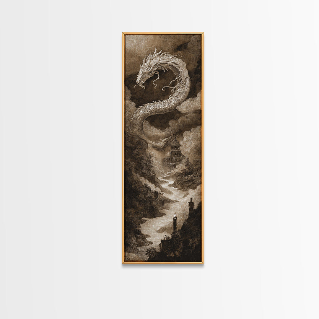 The Candle Smoke Dragon - Environmental Panorama, Macabre Halloween Art, Tall Narrow Wall Art, Framed Canvas Print, Halloween Home Decor