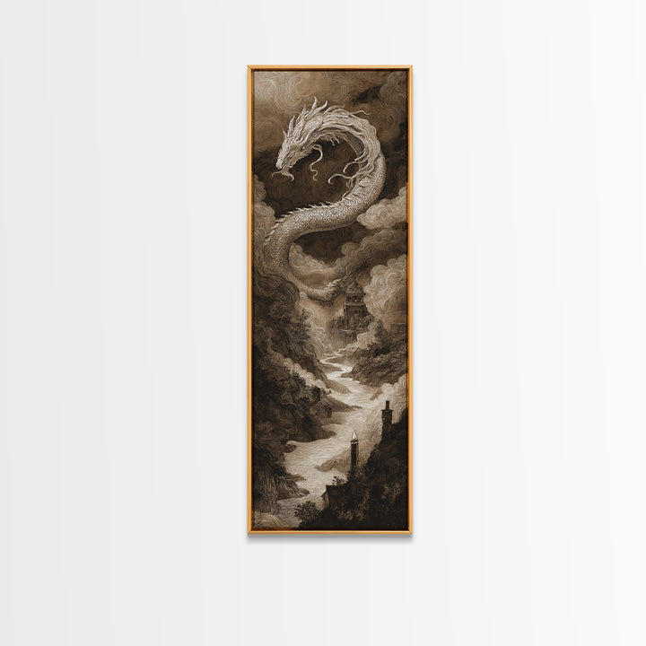 The Candle Smoke Dragon - Environmental Panorama, Macabre Halloween Art, Tall Narrow Wall Art, Framed Canvas Print, Halloween Home Decor