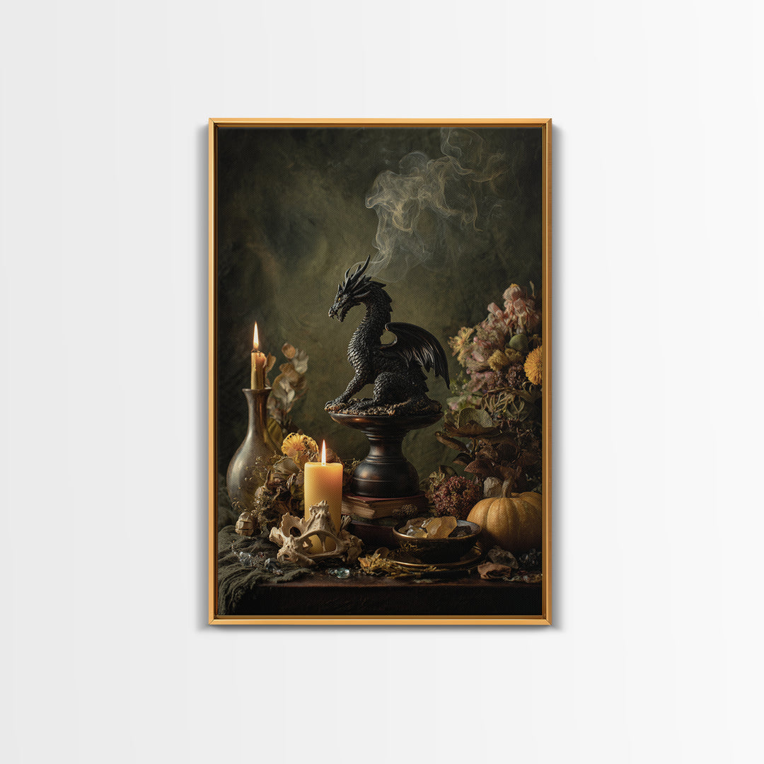 The Candle Smoke Dragon - Occult Still Life, Spooky Wall Decor, Vertical Wall Art, Framed Canvas Print, Halloween Home Decor