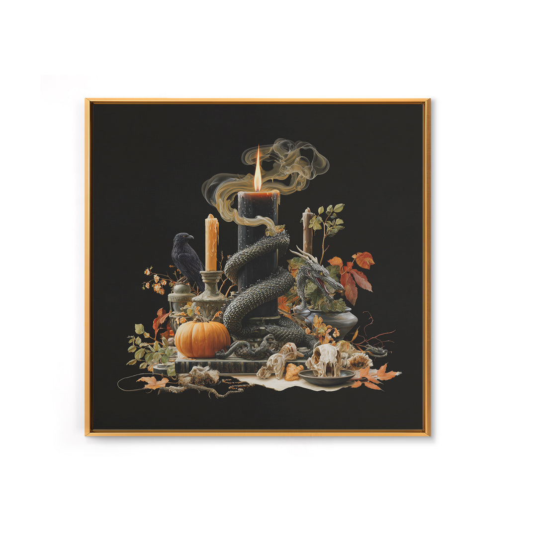 The Candle Smoke Dragon - Occult Still Life, Spooky Wall Decor, Square Wall Art, Framed Canvas Print, Halloween Home Decor, Gothic Wall Art
