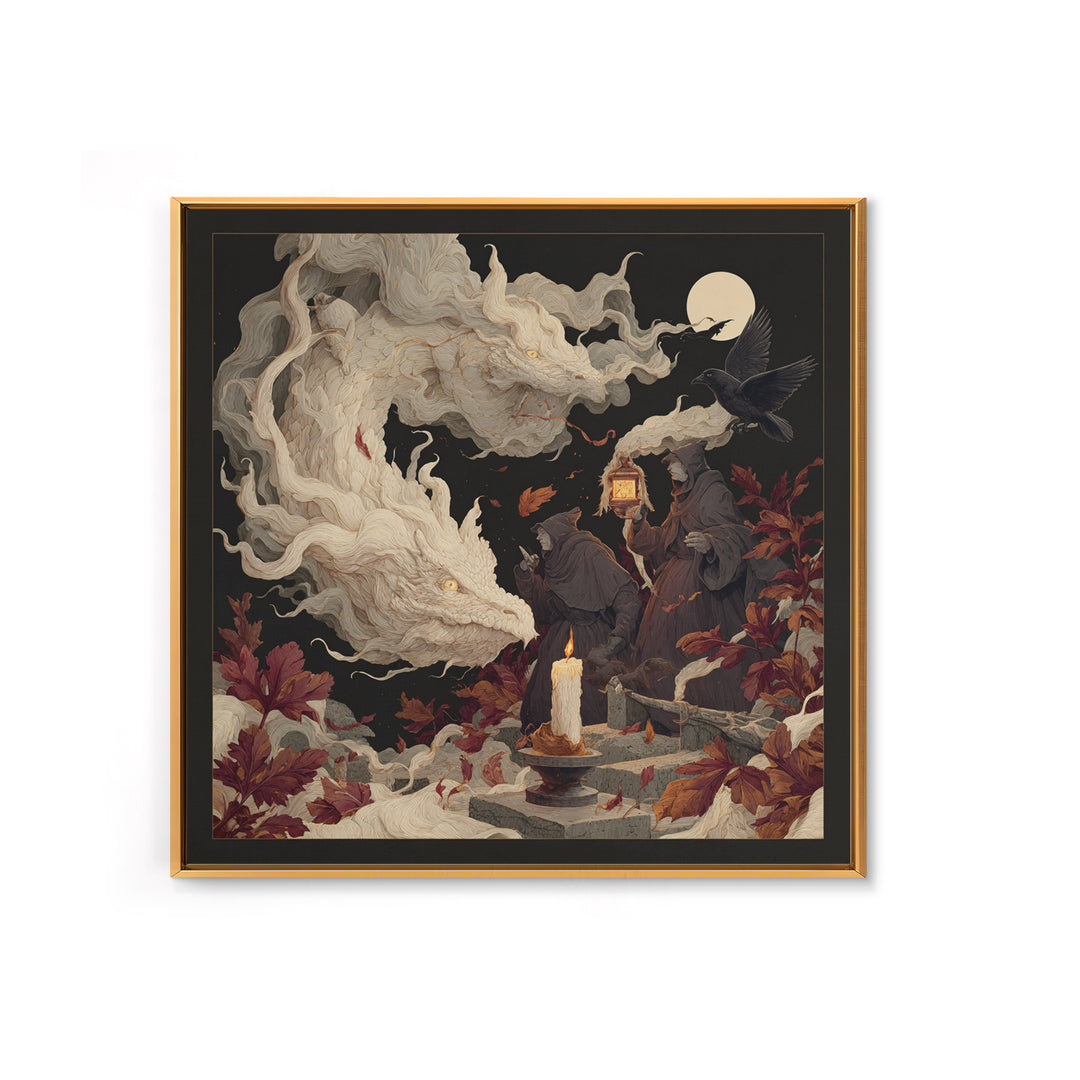 The Candle Smoke Dragon - Procession Scene, Spooky Wall Decor, Square Wall Art, Framed Canvas Print, Halloween Home Decor, Gothic Wall Art