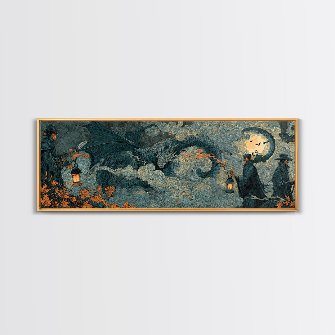 The Candle Smoke Dragon - Procession Scene, Halloween Wall Art, Extra Wide Wall Art, Framed Canvas Print, Halloween Home Decor