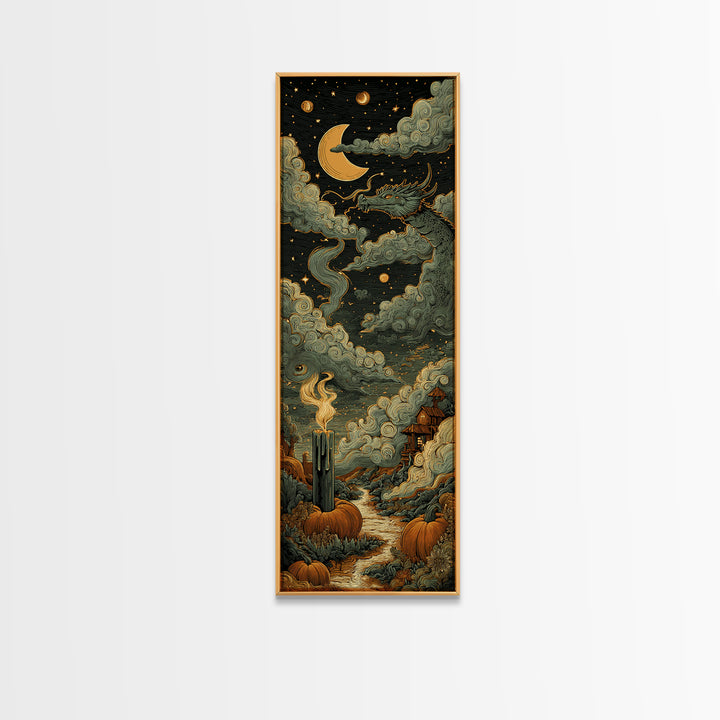 The Candle Smoke Dragon - Surreal Celestial Vision, Halloween Wall Art, Tall Narrow Wall Art, Framed Canvas Print, Halloween Home Decor